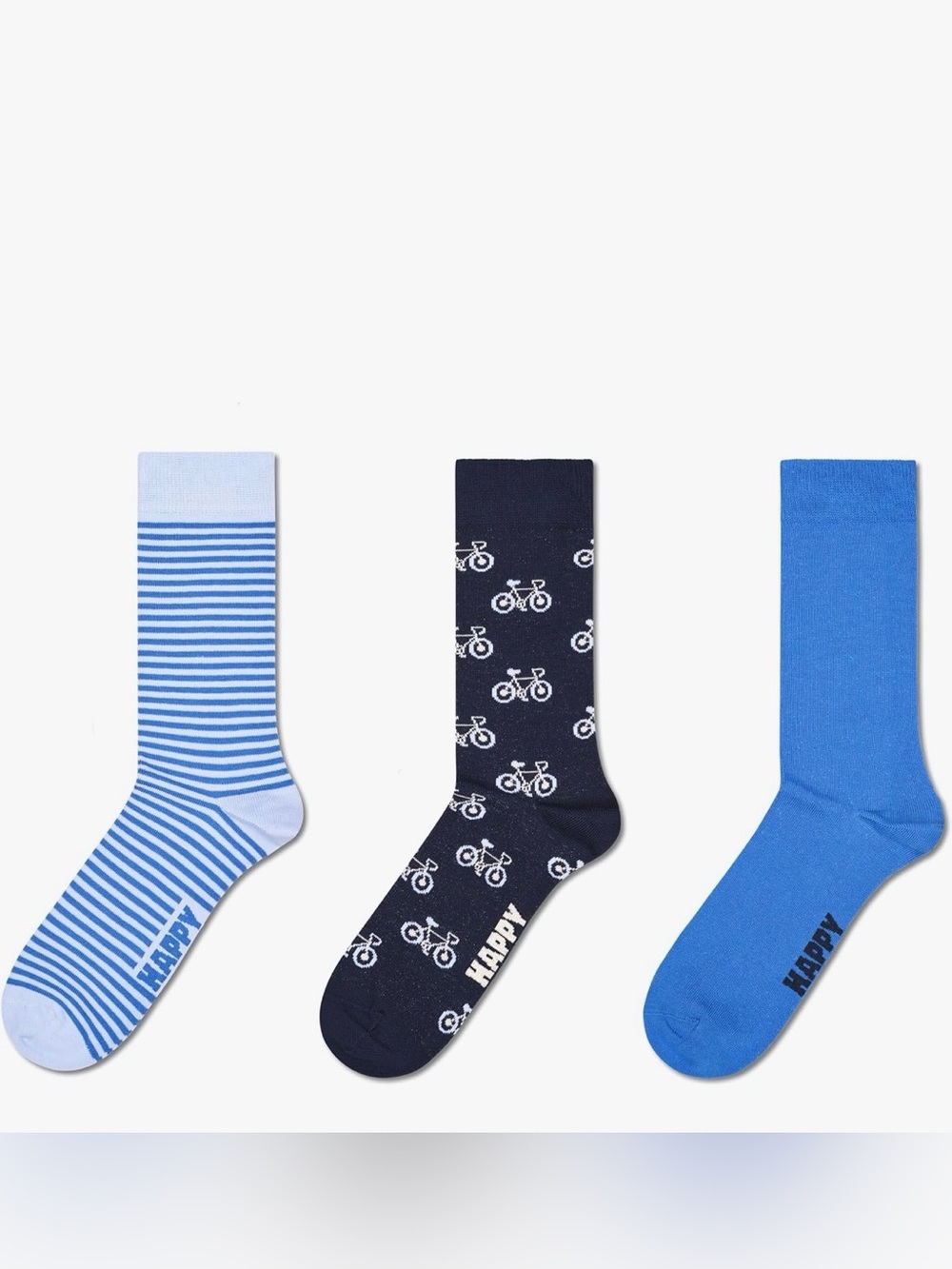 Happy Socks NWT Striped & Blue Crew Socks 3-Pack with bicycle Motif ~Size M/L